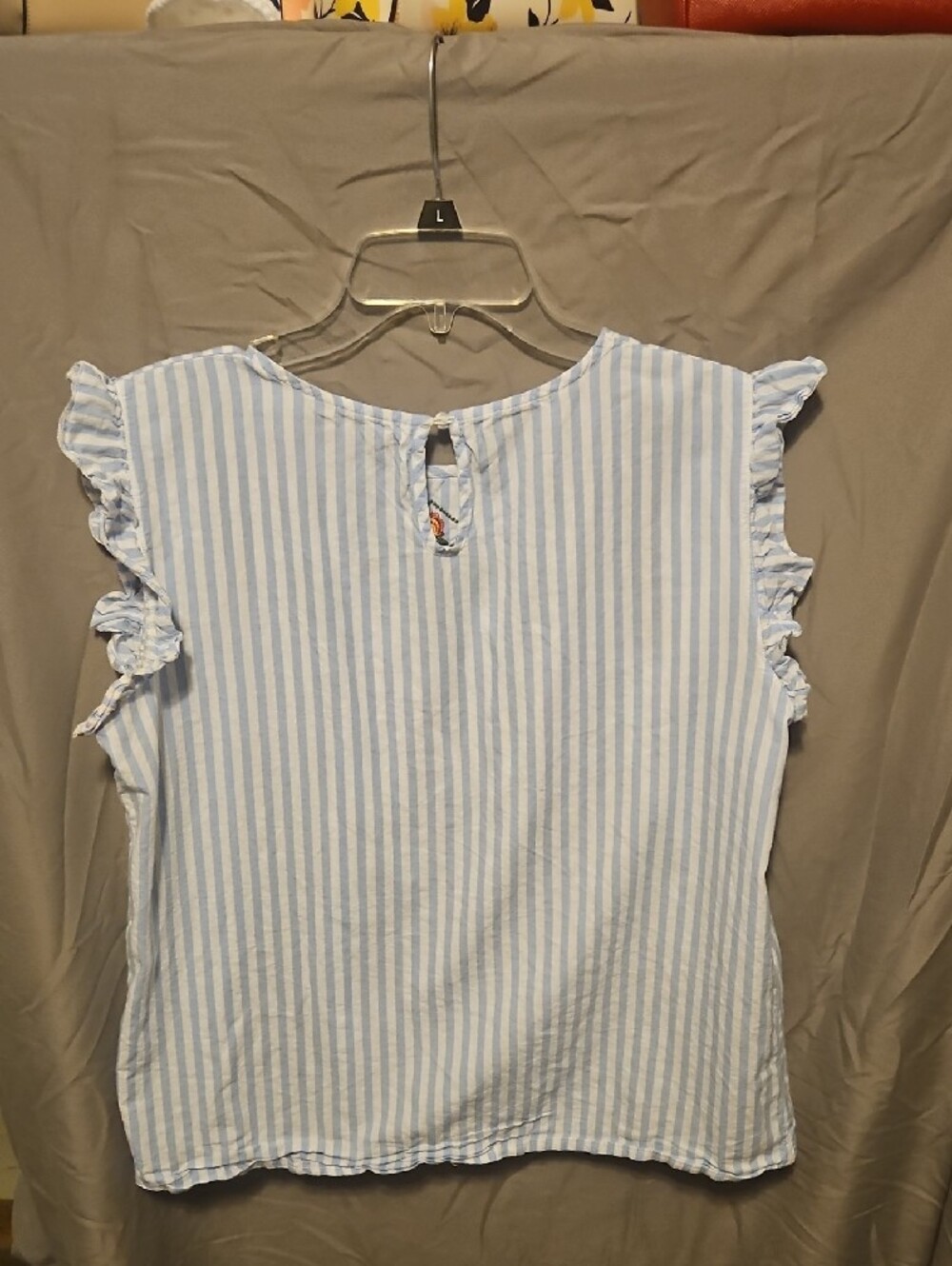 Light Blue Striped Embroidered Flutter Sleeve Top - Picture 4 of 6